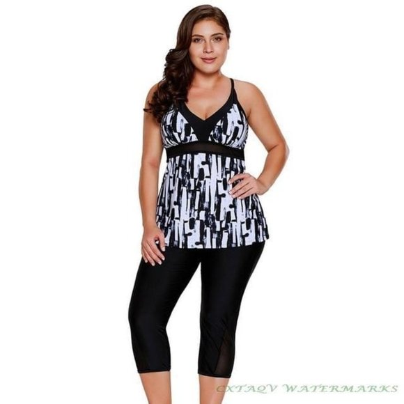 2019 New Women's Abstract Print Tankini Tops Swim Leggings Cropped Pants Two Pie - Picture 7 of 11